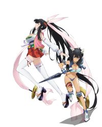 Rule 34 | 2girls, absurdly long hair, armlet, black hair, boots, breasts, cleavage, detached sleeves, fingerless gloves, from side, full body, gloves, highres, horns, large breasts, long hair, momo kyun sword, momoko (momokyun), multiple girls, official art, onihime (momokyun), ponytail, profile, ribbon-trimmed legwear, ribbon-trimmed sleeves, ribbon trim, spiked armlet, sword, thighhighs, transparent background, very long hair, weapon