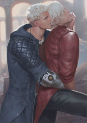 Rule 34 | 2boys, backlighting, black pants, blouse, coat, dante (devil may cry), devil may cry (series), devil may cry 5, facial hair, finger in another&#039;s mouth, grin, groping, hug, hug from behind, incest, jewelry, layered clothes, leather, leg up, long hair, looking at another, male focus, mechanical arms, multiple boys, necklace, nero (devil may cry), outdoors, pants, penguin frontier, pocket, profile, prosthesis, red shirt, ruins, saliva, shirt, single mechanical arm, smile, stubble, sweat, torn clothes, torn sleeves, uncle and nephew, white hair, yaoi