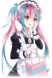 Rule 34 | 10s, 1girl, :d, alternate costume, apron, bag, bang dream!, blue hair, blush, enmaided, hair bobbles, hair ornament, hand on own cheek, hand on own face, holding, holding bag, kongya, long hair, long sleeves, looking at viewer, maid, maid headdress, multicolored hair, neck ribbon, nyubara reona, open mouth, pink hair, red eyes, ribbon, sidelocks, smile, solo, twintails, two-tone hair, upper body, very long hair, white apron, white background, white ribbon