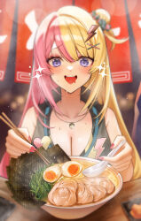 Rule 34 | 1girl, absurdres, bare shoulders, blonde hair, breasts, chopsticks, cleavage, collarbone, drooling, food, gfpebs, glint, highres, holding, holding chopsticks, holding spoon, jewelry, kotoka torahime, large breasts, mouth drool, multicolored hair, necklace, nijisanji, nijisanji en, noodles, open mouth, pink hair, pink nails, purple eyes, ramen, solo, sparkle, spoon, two-tone hair, virtual youtuber