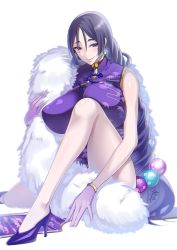 Rule 34 | 1girl, blush, breasts, china dress, chinese clothes, closed mouth, commentary request, curly hair, dress, earrings, fate/grand order, fate (series), feather boa, hair between eyes, high heels, huge breasts, jewelry, knee up, legs, long hair, looking at viewer, low-tied long hair, minamoto no raikou (fate), minamoto no raikou (traveling outfit) (fate), parted bangs, purple dress, purple eyes, purple footwear, purple hair, simple background, sitting, smile, solo, suzuki nene, thighs, very long hair, white background
