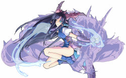 Rule 34 | 1girl, ankle boots, armor, bare legs, black hair, blue dress, blue eyes, blue footwear, blue gloves, boots, china dress, chinese clothes, dragon, dragon girl, dragon horns, dragon tail, dress, elbow gloves, fingerless gloves, fins, full body, gloves, glowing, glowing eyes, gungho online entertainment, hair ornament, head fins, highres, horns, karin (p&amp;d), long hair, no panties, open mouth, puffy short sleeves, puffy sleeves, puzzle &amp; dragons, shizuku (shizukyuki), shizukyuki, short sleeves, simple background, solo, tail, very long hair, white background