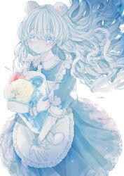 Rule 34 | 1girl, animal ears, apron, bear ears, blue dress, blue eyes, blush, cherry, closed mouth, collared dress, dress, driedflower, food, frilled apron, frills, fruit, heart, highres, holding, holding food, ice cream, ice cream float, long hair, looking at viewer, maid, original, puffy sleeves, short sleeves, simple background, solo, very long hair, white apron, white background, white hair, wrist cuffs