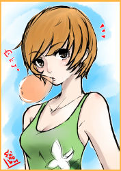 Rule 34 | 1girl, amane shinobu, atlus, bare shoulders, breasts, brown eyes, brown hair, bubble, blowing bubbles, chewing gum, cleavage, highres, medium breasts, persona, persona 4, satonaka chie, short hair, solo, tank top