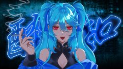 Rule 34 | 1girl, aoameayumi, aoameayumi (artist), bare shoulders, blue hair, blue nails, breasts, cigarette, cleavage, cleavage cutout, clothing cutout, dark, highres, holding, holding cigarette, nail polish, neon lights, open mouth, piercing, red eyes, smoke, solo, tomopulse, tongue, tongue out, tongue piercing, twintails, virtual youtuber