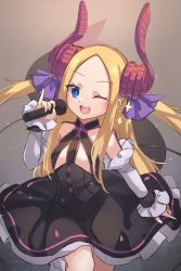 Rule 34 | 1girl, ;d, abigail williams (fate), black dress, blonde hair, blue eyes, blush, breasts, commentary, cosplay, dress, elizabeth bathory (fate), elizabeth bathory (fate) (cosplay), elizabeth bathory (fate/extra ccc), elizabeth bathory (first ascension) (fate), english commentary, fate/extra, fate/extra ccc, fate/grand order, fate (series), forehead, highres, horns, long hair, looking at viewer, microphone, miya (miyaruta), one eye closed, open mouth, parted bangs, sidelocks, small breasts, smile, solo, two side up