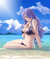 Rule 34 | 1girl, beach, bikini, blue sky, blush, breasts, camilla (fire emblem), cleavage, cloud, curly hair, day, fire emblem, fire emblem fates, full body, hair over one eye, large breasts, long hair, looking at viewer, navel, nintendo, ocean, outdoors, partially submerged, purple bikini, purple eyes, purple hair, sand, side-tie bikini bottom, sitting, sky, smile, solo, stomach, sunlight, swimsuit, thor (deep rising), underboob, very long hair, water, wet