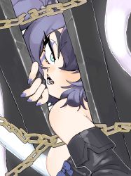 Rule 34 | 1girl, bare shoulders, black hair, bow, breasts, cerberus (kemono friends), chain, dutch angle, elbow gloves, eyelashes, fang, fingernails, gate, gloves, green eyes, hair over one eye, highres, kemono friends, light smile, looking at viewer, multicolored hair, nail polish, open mouth, purple hair, purple nails, scar, scar across eye, scar on face, solo, torento, tsurime, upper body
