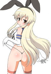 Rule 34 | 10s, 1girl, anchor hair ornament, ass, bare shoulders, black panties, blonde hair, blush, cleft of venus, elbow gloves, female focus, from behind, gloves, hair between eyes, hair ornament, hairband, kantai collection, long hair, looking at viewer, looking back, panties, shimakaze (kancolle), shiny skin, shishimaru ken&#039;ya, simple background, sleeveless, solo, standing, striped clothes, striped thighhighs, thighhighs, thong, underwear, wedgie, white background, white gloves
