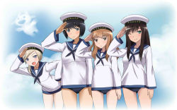 Rule 34 | 4girls, :d, alternate costume, black hair, blonde hair, blue eyes, brown eyes, cloud, day, federica n. doglio, fernandia malvezzi, green eyes, hat, kaneko (novram58), long hair, luciana mazzei, martina crespi, military, military hat, military uniform, multiple girls, novram58, one eye closed, open mouth, sailor hat, salute, silhouette demon, sky, smile, strike witches, strike witches: kurenai no majo-tachi, swimsuit, swimsuit under clothes, uniform, wink, world witches series