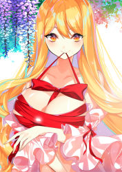 Rule 34 | 1girl, bare shoulders, between breasts, blonde hair, bow, breasts, closed mouth, collarbone, detached sleeves, fingernails, flower, frills, glowing, highres, large breasts, light particles, long hair, looking at viewer, mouth hold, red bow, red ribbon, ribbon, ribbon in mouth, roh nam kyung, sarashi, shiny skin, sleeves past elbows, smile, solo, touhou, upper body, white background, wide sleeves, wisteria, yakumo yukari, yellow eyes