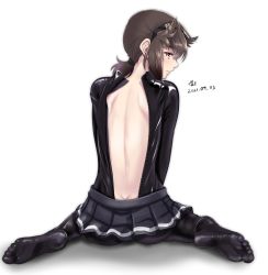 Rule 34 | 1girl, back, black bodysuit, black headband, black skirt, bodysuit, brown hair, butt crack, clothes writing, from behind, hachimaki, hair flaps, hatsuzuki (kancolle), headband, kantai collection, latex, latex suit, looking at viewer, looking back, miniskirt, pleated skirt, short hair, simple background, sitting, skirt, solo, tk8d32, unzipped, wariza, white background, yellow eyes
