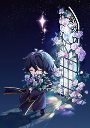 Rule 34 | 1boy, black pants, blue hair, bouquet, chibi, commentary, dark blue hair, closed eyes, film grain, flower, fy fei xiao ya, highres, holding, holding bouquet, long sleeves, male focus, night, night sky, pants, purple robe, robe, rose, saibou shinkyoku, short hair, sky, solo, sparkle, stained glass, standing, star (symbol), stole, utsugi noriyuki, white flower, white rose, wide sleeves