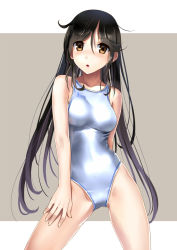 Rule 34 | 1girl, arm behind back, asics, black hair, brown eyes, competition swimsuit, contrapposto, cowboy shot, hair between eyes, katahira masashi, letterboxed, long hair, one-piece swimsuit, open mouth, outside border, solo, standing, swimsuit, very long hair, white one-piece swimsuit