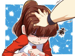 Rule 34 | 1girl, annoyed, brown hair, clenched teeth, closed eyes, freckles, hand on another&#039;s head, headpat, jcm2, lynn loud, outline, ponytail, shirt, solo focus, squiggle, teeth, the loud house, upper body, wristband