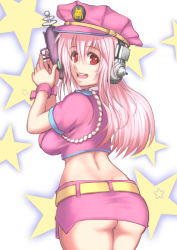 Rule 34 | 1girl, ass, blush, breasts, butt crack, deni m, gun, handgun, headphones, large breasts, long hair, looking at viewer, miniskirt, nitroplus, no panties, open mouth, pencil skirt, pink hair, pistol, police, police uniform, red eyes, skirt, smile, solo, space invaders, super sonico, trigger discipline, uniform, weapon