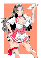 Rule 34 | 1girl, ?, alternate costume, apron, artist name, asymmetrical bangs, breasts, bright pupils, brown eyes, brown hair, choker, closed mouth, commentary request, contrapposto, dated, dress, girls und panzer, hand on own hip, highres, holding, holding plate, large breasts, long hair, looking at viewer, microdress, nishi kinuyo, one-hour drawing challenge, outline, outside border, partial commentary, plate, puffy short sleeves, puffy sleeves, red background, red choker, red dress, red ribbon, ribbon, shinkuukan (tetsuo3), short sleeves, signature, smile, solo, standing, thigh strap, underbust, waist apron, waitress, white apron, white outline, white pupils
