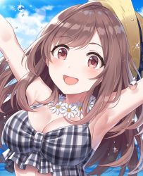Rule 34 | 1girl, :d, armpits, arms up, bad id, bad pixiv id, bikini, bikini top only, black bikini, blue sky, blush, breasts, brown hair, brown hat, cleavage, cloud, commentary request, day, dutch angle, flower, flower necklace, frilled bikini, frills, hat, idolmaster, idolmaster shiny colors, jewelry, large breasts, long hair, looking at viewer, necklace, open mouth, outdoors, plaid, plaid bikini, purple eyes, sky, smile, solo, sparkle, splashing, sun hat, swept bangs, swimsuit, tsukioka kogane, water drop, white flower, yuuhi (ages)