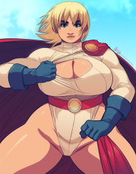 Rule 34 | belt, blonde hair, blue eyes, blue gloves, breasts, cape, cleavage, cleavage cutout, clothing cutout, dc comics, exmile, gloves, highres, huge breasts, jojo no kimyou na bouken, legs apart, leotard, long sleeves, looking at viewer, medium hair, parody, power girl, red belt, smile, solo, spread legs, standing, thick eyebrows, thick thighs, thighs, vento aureo, white leotard, wide hips