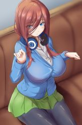 Rule 34 | 1girl, black pantyhose, blue cardigan, blue eyes, blush, breasts, brown hair, cardigan, collared shirt, commentary request, couch, dress shirt, eyes visible through hair, go-toubun no hanayome, green skirt, hair between eyes, hair over one eye, headphones, headphones around neck, highres, j yak47, large breasts, long hair, long sleeves, looking at viewer, nakano miku, pantyhose, parted lips, pleated skirt, shirt, sitting, skirt, solo, white shirt