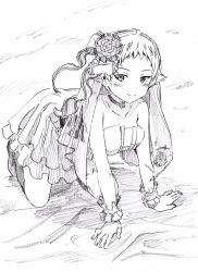 Rule 34 | 1girl, all fours, alternate headwear, boots, bridal veil, choker, closed mouth, commentary, dress, erwin (girls und panzer), flower, frilled cuffs, girls und panzer, girls und panzer senshadou daisakusen!, graphite (medium), greyscale, hair flower, hair ornament, halloween costume, highres, knee boots, layered dress, light blush, looking at viewer, makicha (sasurainopink), monochrome, on bed, pointy hair, scar, short dress, short hair, sketch, smile, solo, strapless, strapless dress, traditional media, veil