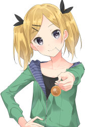 Rule 34 | 10s, 1girl, black eyes, blonde hair, blush, candy, food, hair ornament, hair ribbon, hairclip, head tilt, highres, hood, hoodie, lollipop, long hair, looking at viewer, max melon, mole, mole under eye, mouth hold, revision, ribbon, shirobako, short twintails, smile, solo, twintails, yano erika