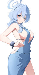 Rule 34 | 1girl, absurdres, ako (blue archive), ako (dress) (blue archive), backless dress, backless outfit, bare shoulders, blue archive, blue dress, blue eyes, blue hair, blush, breasts, commentary request, cowboy shot, cuffs, dress, highres, korean commentary, large breasts, long hair, looking at viewer, mixed-language commentary, parted lips, shackles, sideboob, simple background, sleeveless, sleeveless dress, solo, standing, thighs, white background, yeni1871
