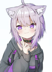 Rule 34 | 1girl, :3, absurdres, ahoge, akuto (akuto desu), animal ear fluff, animal ears, black collar, black hoodie, blush, breasts, cat ears, closed mouth, collar, commentary, finger to own chin, hand up, highres, hololive, hood, hood down, hoodie, index finger raised, large breasts, long sleeves, nekomata okayu, nekomata okayu (1st costume), puffy long sleeves, puffy sleeves, purple eyes, purple hair, short hair, simple background, smile, solo, upper body, virtual youtuber, white background