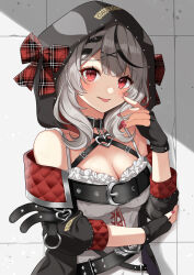 Rule 34 | 1girl, absurdres, animal hood, black collar, breasts, camisole, cleavage, collar, commentary request, frilled camisole, frills, gloves, grey hair, hair ornament, heart collar, heart pendant, highres, hololive, hood, hood up, kuroyuki 0713, medium breasts, multicolored hair, nail polish, off-shoulder jacket, off shoulder, orca hood, sakamata chloe, sakamata chloe (1st costume), solo, streaked hair, tongue, tongue out, virtual youtuber, white camisole, x hair ornament