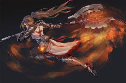 Rule 34 | 1girl, armor, axe, black background, brown eyes, brown hair, cross, cross necklace, dungeon and fighter, facepaint, female priest (dungeon and fighter), full body, gauntlets, highres, inquisitor (dungeon and fighter), jewelry, motion blur, necklace, ponytail, potion, slashing, solo, weapon, xian yu mo ren