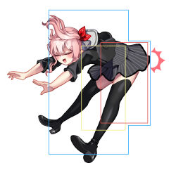 1other :d akiyama_mizuki bent_over black_footwear black_shirt black_thighhighs blush bow closed_mouth commentary english_commentary floating_clothes floating_hair full_body grey_skirt hair_bow high_heels highres hitbox midair miniskirt n0_image open_mouth other_focus pink_hair project_sekai red_bow sailor_collar shirt shoe_soles side_ponytail simple_background skirt sleeves_past_elbows smile solo striped_clothes striped_skirt thighhighs vertical-striped_clothes vertical-striped_skirt white_background white_sailor_collar zettai_ryouiki