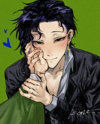 Rule 34 | 2boys, asymmetrical bangs, black hair, black jacket, chinese commentary, collarbone, commentary request, earrings, green background, harada mutei, heart, highres, holding another&#039;s wrist, jacket, jewelry, kaze (yznyttdgs), long sleeves, male focus, multiple boys, open clothes, open collar, open jacket, pov, pov hands, saibou shinkyoku, shirt, short hair, sign, simple background, smile, solo focus, utsugi rangiri, white shirt, yaoi, yellow eyes