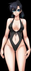 Rule 34 | 1girl, action taimanin, black hair, black one-piece swimsuit, blue eyes, breasts, curvy, female focus, fuuma tokiko, kagami hirotaka, large breasts, lilith-soft, long hair, looking at viewer, one-piece swimsuit, pants, ponytail, shiny skin, skin tight, smile, solo, standing, swimsuit, taimanin (series), taimanin asagi