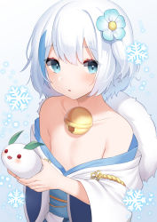 Rule 34 | 1girl, akagi kurage, bare shoulders, bell, blue eyes, blue flower, blue hair, collarbone, copyright request, flat chest, flower, fur collar, gradient background, grey background, hair between eyes, hair flower, hair ornament, highres, holding, japanese clothes, jingle bell, kimono, long sleeves, multicolored hair, obi, off shoulder, parted lips, sash, snow rabbit, snowflakes, solo, streaked hair, upper body, white background, white hair, white kimono, wide sleeves