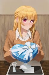 Rule 34 | 1girl, aqwariate, blonde hair, blush, bowl, brown sweater, chopsticks, collarbone, collared shirt, commentary, dress shirt, english commentary, gift, glass, half updo, highres, hoshino ruby, indoors, lid, long hair, long sleeves, mismatched pupils, napkin, oshi no ko, parted lips, pink eyes, pov, shirt, sidelocks, solo, star-shaped pupils, star (symbol), sweater, symbol-shaped pupils, tray, valentine, white shirt