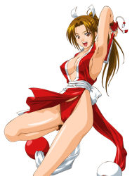 Rule 34 | 1girl, armpits, breasts, brown eyes, brown hair, cleavage, fatal fury, fingerless gloves, fukuoka katsumi, gloves, pelvic curtain, ponytail, revealing clothes, shiranui mai, snk, solo, the king of fighters