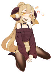 Rule 34 | 1girl, :d, animal ears, aran sweater, bare shoulders, between legs, black choker, black footwear, blonde hair, bright pupils, brown pantyhose, brown sweater, cable knit, choker, commentary, commission, english commentary, enna (deadthingyz), full body, halphelt, hand between legs, heart, heart in mouth, high heels, highres, horns, long hair, long sleeves, looking at viewer, microskirt, off-shoulder sweater, off shoulder, open mouth, original, pantyhose, pencil skirt, ponytail, round teeth, sheep ears, sheep horns, simple background, sitting, skirt, sleeves past wrists, smile, solo, squiggle, sweater, teeth, upper teeth only, v arms, very long hair, wariza, white background, white pupils, yellow eyes, yellow skirt