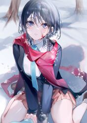 Rule 34 | 1girl, 1other, black hair, blood, blood on face, blue eyes, blue necktie, crying, crying with eyes open, highres, holding hands, jacket, looking at viewer, miwano rag, necktie, open clothes, open jacket, original, pleated skirt, pov, red scarf, scarf, short hair, sitting, skirt, snow, solo focus, tears, wariza