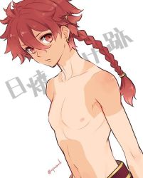 Rule 34 | 1boy, alexander (fate), bad id, bad twitter id, braid, earrings, fate/grand order, fate (series), jewelry, looking at viewer, male focus, navel, nipples, nomoc, parted lips, red eyes, red hair, topless male, simple background, solo, tan, tanline, twitter username, upper body, white background