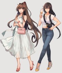 Rule 34 | 2girls, alternate costume, alternate hairstyle, bag, black hair, brown eyes, brown hair, casual, collarbone, denim, dress, grey background, hair between eyes, handbag, high heels, highres, holding, ice cream cone, jeans, jewelry, kantai collection, kasumi (skchkko), long hair, looking at viewer, low-tied long hair, midriff, multiple girls, nagato (kancolle), navel, necklace, open mouth, pants, pink bag, ponytail, shirt, short sleeves, shoulder pouch, simple background, smile, white dress, white shirt, yamato (kancolle)