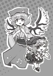 Rule 34 | 1girl, animal ears, beamed sixteenth notes, bird ears, bird wings, dress, eighth note, gloves, greyscale, hat, head scarf, highres, japanese clothes, kimono, long sleeves, monochrome, multiple views, musical note, musical note print, mystia lorelei, okamisty, one eye closed, open mouth, sentrywilldraw, shoes, short hair, smile, touhou, touhou mystia&#039;s izakaya, wide sleeves, winged footwear, winged hat, wings