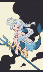 Rule 34 | 1girl, bangle, blue dress, blue eyes, blue hair, blue nails, bracelet, braid, commentary, dress, english commentary, expressionless, fins, fish tail, full body, gawr gura, gawr gura (party dress), gradient dress, grey hair, highres, holding trident, hololive, hololive english, jewelry, knees to chest, laurel crown, letterboxed, long hair, looking at viewer, multicolored hair, nail polish, official alternate costume, open mouth, polearm, sandals, sash, shark tail, sharp teeth, short dress, simple background, sleeveless, sleeveless dress, solo, stitches, streaked hair, tail, teeth, toenail polish, toenails, toes, tomura kino, trident, twintails, two-tone hair, upper teeth only, virtual youtuber, weapon, white dress, yellow background