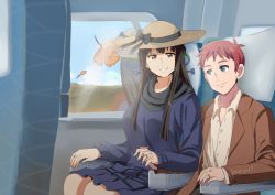 Rule 34 | 1boy, 1girl, alternate costume, autumn leaves, beta (joutarou), black hair, black scarf, blue eyes, braid, breasts, commentary, couple, engagement ring, english commentary, eye contact, french braid, hair ribbon, hat, hetero, holding hands, husband and wife, iowa (pacific), jewelry, kantai collection, kimi no na wa., large breasts, long sleeves, looking at another, miyamizu mitsuha, mole, mole under eye, ornate ring, pacific (kancolle), red eyes, red hair, reflection, ribbon, ring, scarf, smile, sun hat, teeth, train interior, wedding ring, window