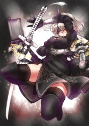 Rule 34 | 1girl, ayyh, black dress, black footwear, black gloves, black thighhighs, blindfold, boots, breasts, cleavage cutout, clothing cutout, covered eyes, dress, full body, gloves, highres, jumping, katana, knee boots, magic circle, nier (series), nier:automata, panties, parted lips, pod (nier:automata), robot, short hair, sword, thighhighs, underwear, vambraces, weapon, white hair, white panties, 2b (nier:automata)