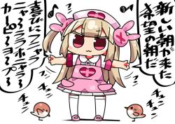 Rule 34 | &gt; &lt;, 1girl, :3, animal, apron, armband, bird, blush, chibi, closed mouth, collared shirt, eighth note, full body, hair ornament, hat, heart, kanikama, light brown hair, long hair, looking at viewer, musical note, natori sana, nurse cap, outstretched arms, pink apron, pink footwear, pink hat, pleated skirt, rabbit hair ornament, red eyes, sana channel, shadow, shirt, shoes, short sleeves, simple background, skirt, solo, spread arms, standing, thighhighs, translation request, two side up, very long hair, virtual youtuber, white background, white shirt, white skirt, white thighhighs