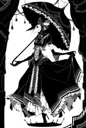 Rule 34 | 1girl, black gloves, breasts, curtains, dress, frilled dress, frilled sleeves, frilled umbrella, frills, gloves, gothic lolita, greyscale, hat, hat ribbon, high heels, juerucj, juliet sleeves, liquid, lolita fashion, long sleeves, monochrome, original, parasol, plague doctor mask, puffy short sleeves, puffy sleeves, ribbon, ribbon trim, short sleeves, skinny, skipping, skirt hold, small breasts, solo, umbrella, white background