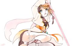 Rule 34 | 1girl, blue eyes, breasts, brown hair, choker, hair ornament, jacket, leia rolando, open mouth, ribbon, shoes, short hair, shorts, staff, tales of (series), tales of xillia, weapon