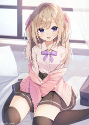 Rule 34 | 1girl, :d, black skirt, black thighhighs, blush, bow, cardigan, clothes down, collared shirt, commentary request, hair ornament, hair ribbon, highres, indoors, long hair, long sleeves, looking at viewer, on bed, open mouth, original, over-kneehighs, pillow, pink cardigan, pink ribbon, purple bow, purple eyes, ribbon, school uniform, shirai tanuki, shirt, sitting, skirt, smile, solo, thighhighs, twitter username, two side up, white shirt, window