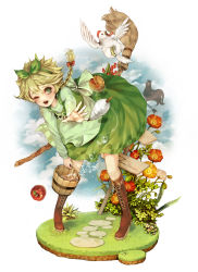 Rule 34 | 1girl, apple, apron, bad id, bad pixiv id, berry, bird, blonde hair, boots, braid, bread, broom, bucket, chicken, cloud, dress, female focus, flower, food, fruit, full body, gradient background, grass, green eyes, hair ribbon, hairband, highres, idoko, long hair, maerchen (album), nature, ns (haraheta), one eye closed, outdoors, outstretched arm, plant, reaching, ribbon, signpost, simple background, sky, solo, sound horizon, spindle, splashing, thread, waist apron, water, weather vane, white background, wink