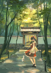 Rule 34 | 1girl, ascot, bare shoulders, black footwear, black hair, bobby socks, bow, dated, detached sleeves, floating hair, forest, frilled bow, frilled skirt, frills, from behind, gate, gohei, hair bow, hair tubes, hakurei reimu, japanese clothes, long hair, looking at viewer, looking back, mary janes, miko, nature, nontraditional miko, outdoors, path, red bow, red shirt, red skirt, revision, ribbon-trimmed sleeves, ribbon trim, road, scenery, shirt, shoes, sidelocks, skirt, skirt set, sleeveless, sleeveless shirt, socks, solo, touhou, tree, walking, wall, white socks, xiaobanbei milk, yellow ascot